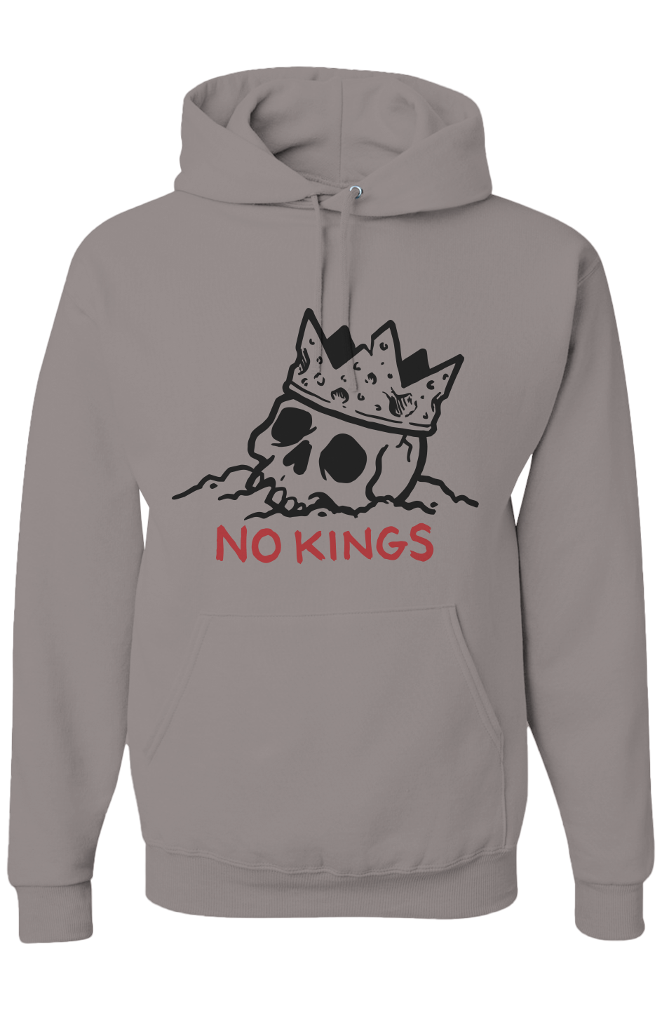 Gray hoodie with skull wearing a crown and 'No Kings' text on a white background