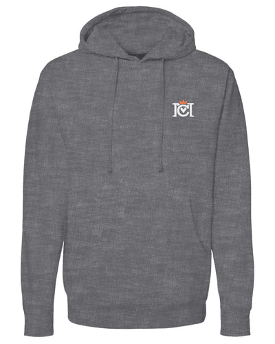 Gray hoodie with a logo on the chest against a white background