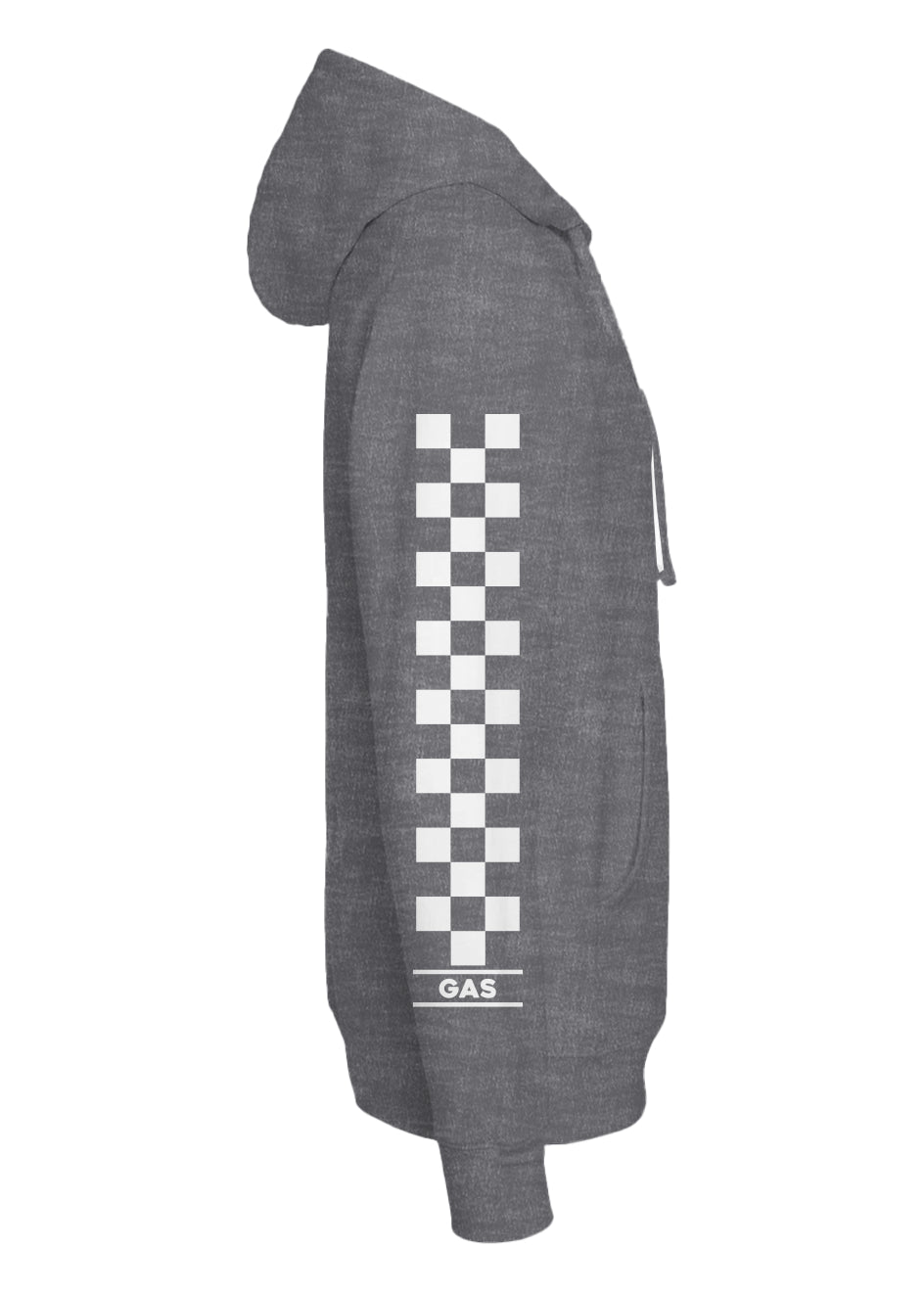 Gray hoodie with a checkered design on the back against a white background