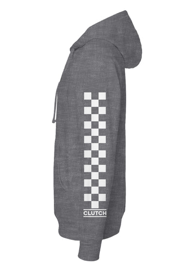 Gray hoodie with a checkered pattern and 'Clutch' branding on a white background
