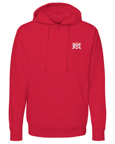 Red hoodie with a logo on the chest against a white background