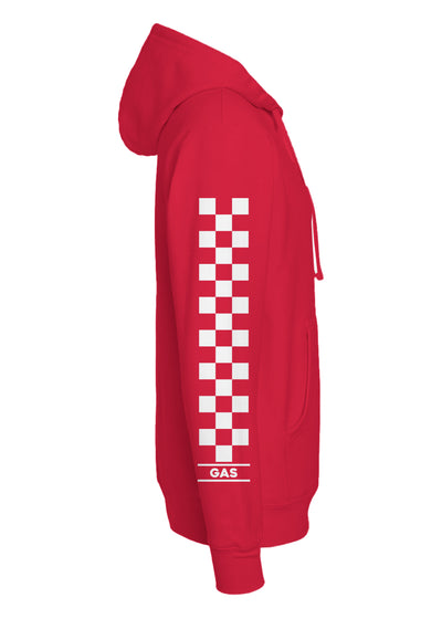 Red hoodie with a white checkered design on the sleeve against a white background