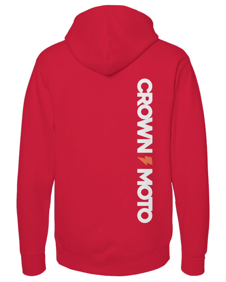 Red hoodie with 'Crown Moto' logo on the back against a white background