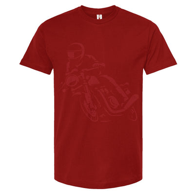 Red t-shirt with a graphic of a person on a motorcycle on a white background