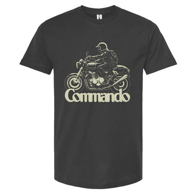 Black t-shirt with a motorcycle graphic and 'Commando' text on a white background