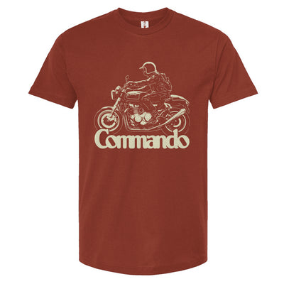 Maroon t-shirt with a graphic of a motorcycle rider and the word 'Commando' on a white background
