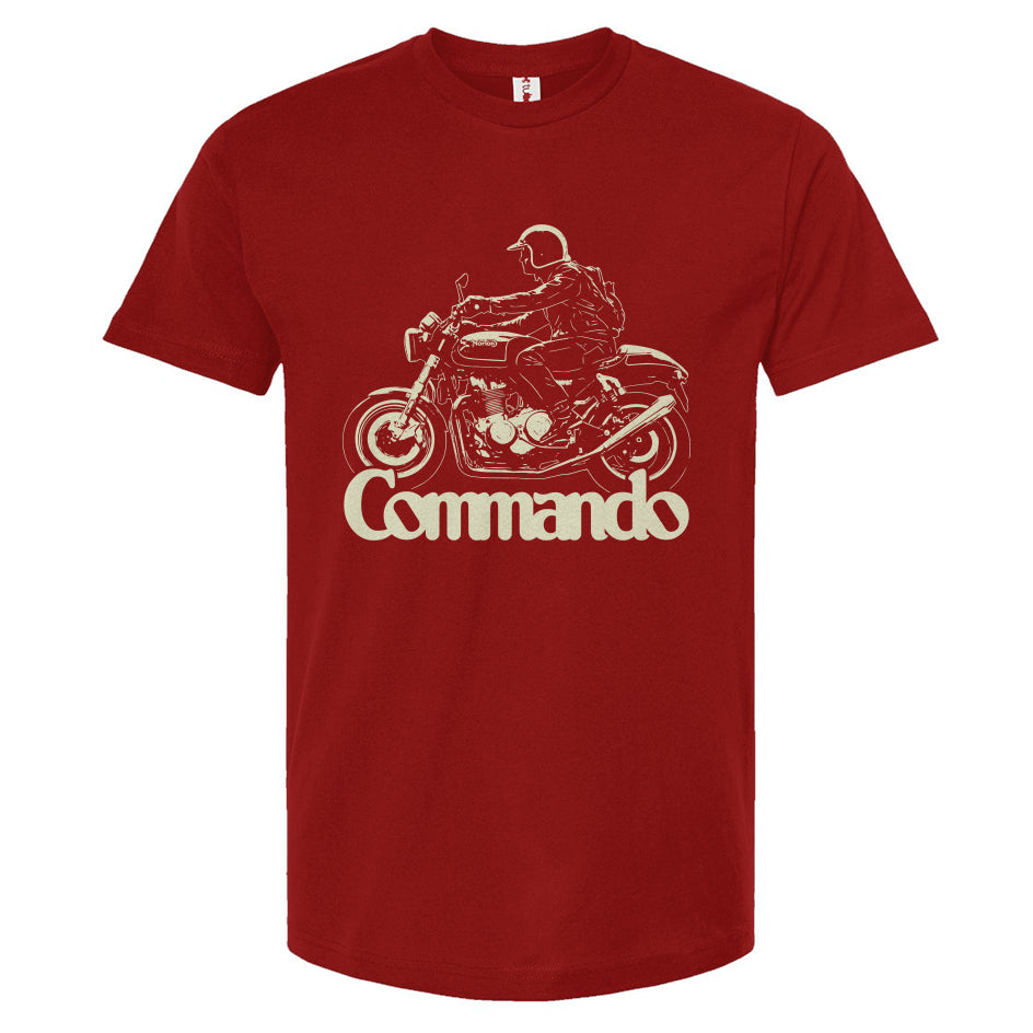 Red t-shirt with a graphic of a motorcycle and rider, labeled 'Commando', on a white background.