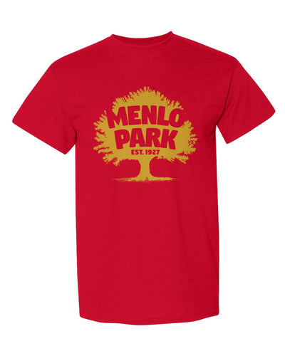 Red t-shirt with yellow graphic and 'Menlo Park' text on a white background
