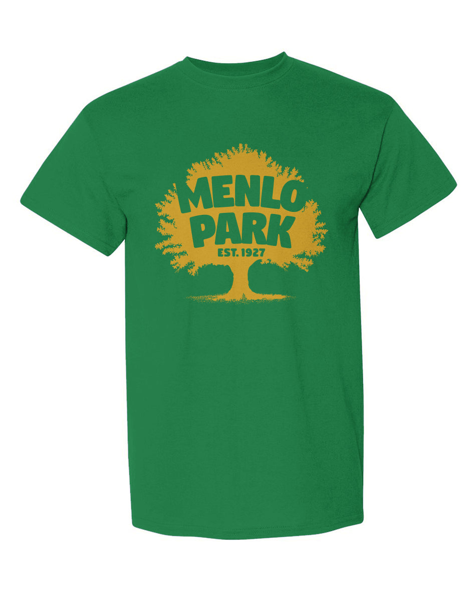 Irish green blue t-shirt with yellow and black 'Menlo Park' graphic on a white background