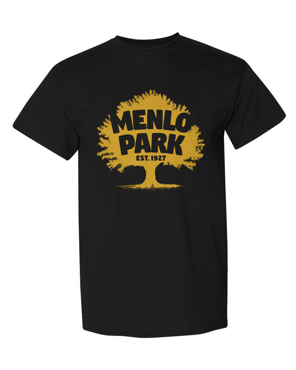Black t-shirt with yellow and black 'Menlo Park' graphic on a white background