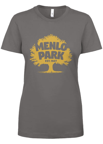 Gray t-shirt with yellow 'Menlo Park' graphic on a white background