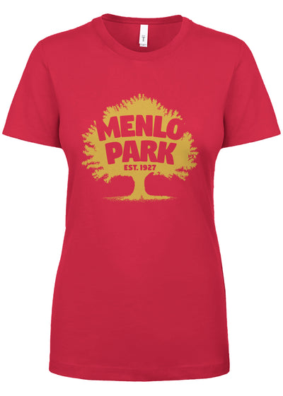Red t-shirt with yellow graphic and 'Menlo Park' text on a white background