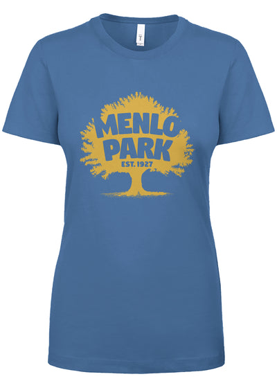 Blue t-shirt with yellow graphic and 'Menlo Park' text on a white background