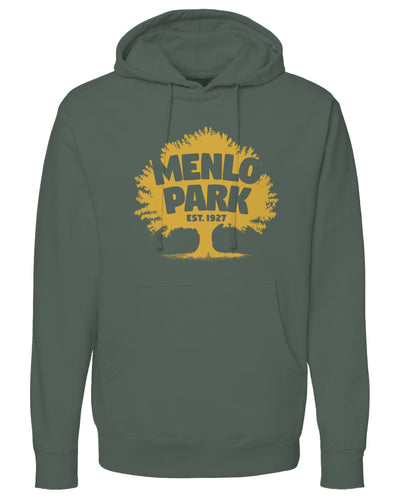 Green hoodie with yellow 'Menlo Park' graphic on a white background
