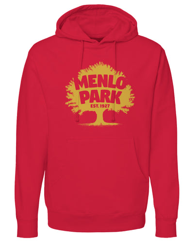Red hoodie with yellow graphic and 'Menlo Park' text on a white background