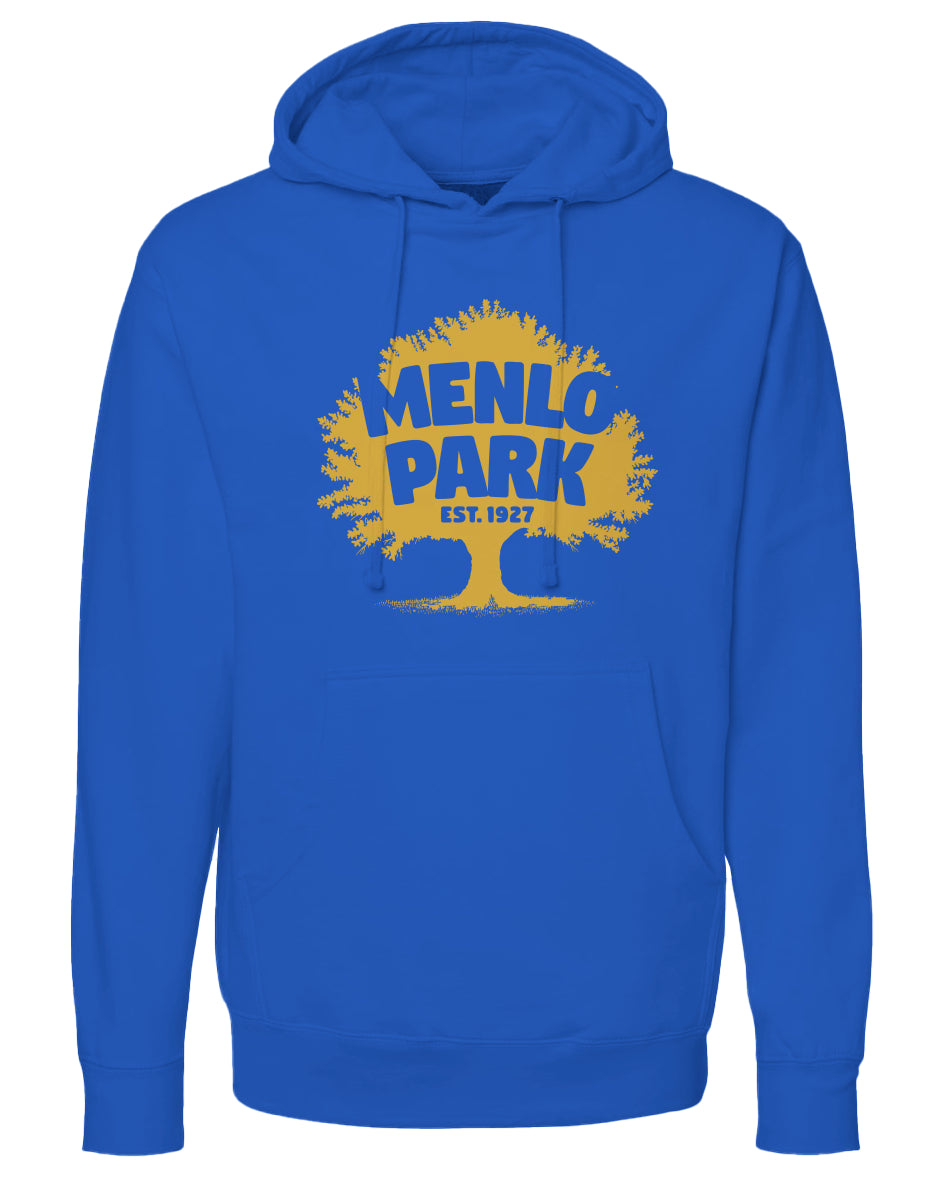 Blue hoodie with yellow 'Menlo Park' graphic on a white background