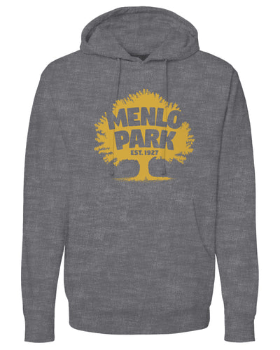 Gray hoodie with yellow 'Menlo Park' logo on a white background