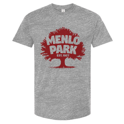 Gray t-shirt with red 'Menlo Park Est. 1927' design on a white background