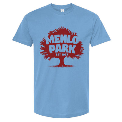 Light blue t-shirt with red 'Menlo Park' graphic on a white background