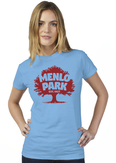Woman wearing a blue t-shirt with 'Menlo Park' graphic design on a white background