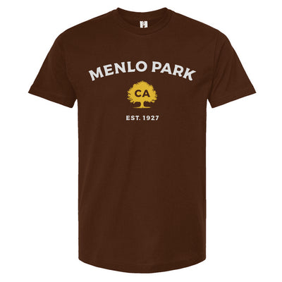 Brown t-shirt with 'Menlo Park, CA EST. 1927' text and logo on a white background