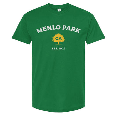 Green t-shirt with 'Menlo Park, CA EST. 1927' text on a white background