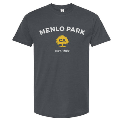 Gray t-shirt with 'Menlo Park, CA EST. 1927' text and logo on a white background