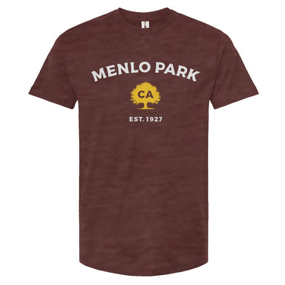 Heather Burgundy t-shirt with 'Menlo Park, CA EST. 1927' text on a white background