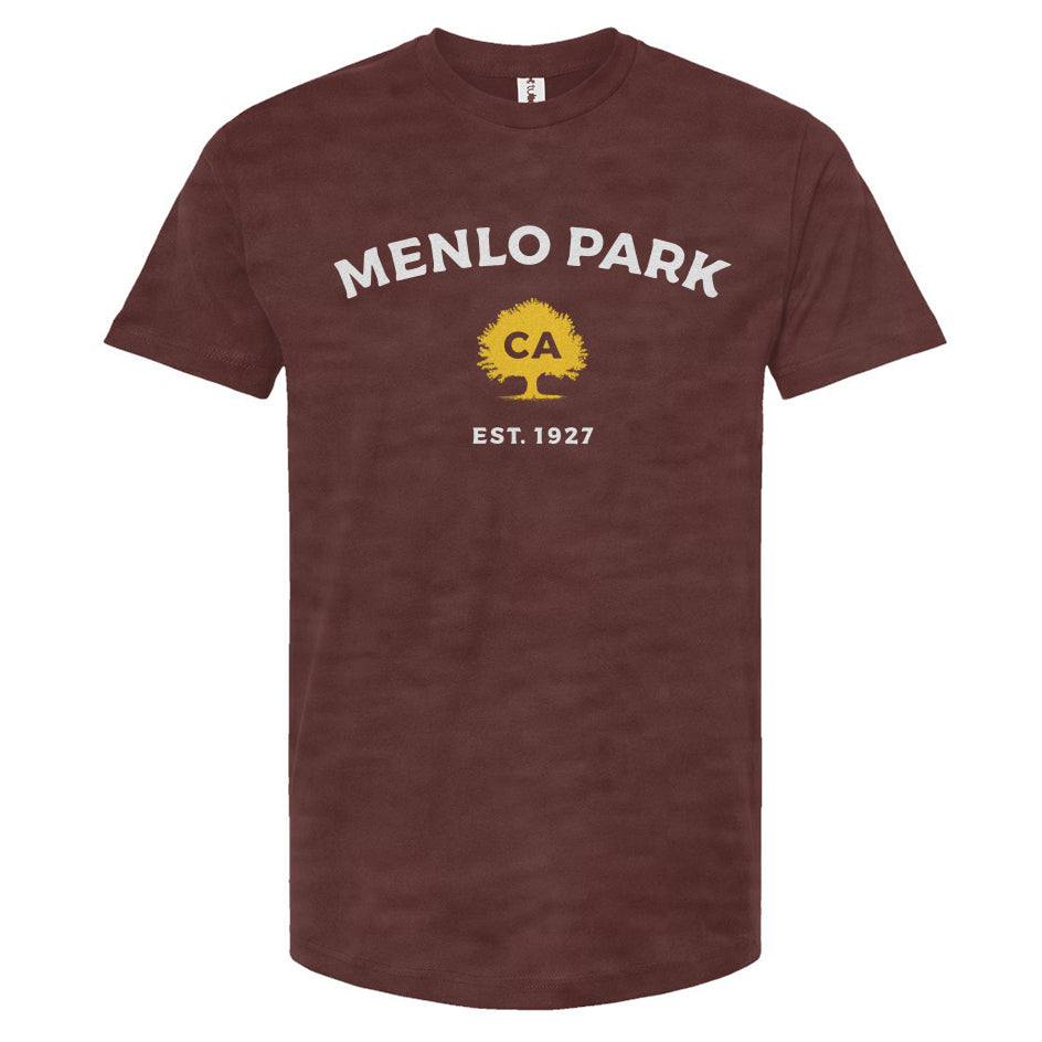 Heather Burgundy t-shirt with 'Menlo Park, CA EST. 1927' text on a white background