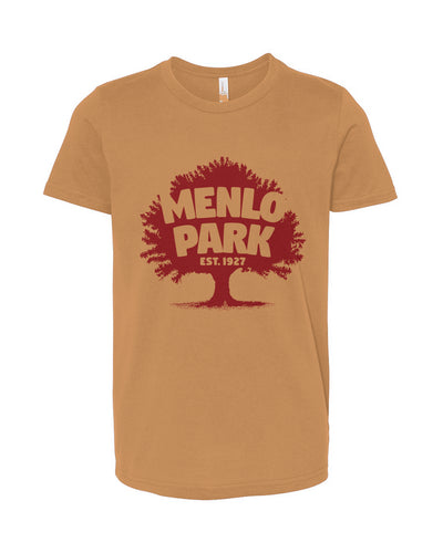 Brown t-shirt with red graphic and 'Menlo Park' text on a white background