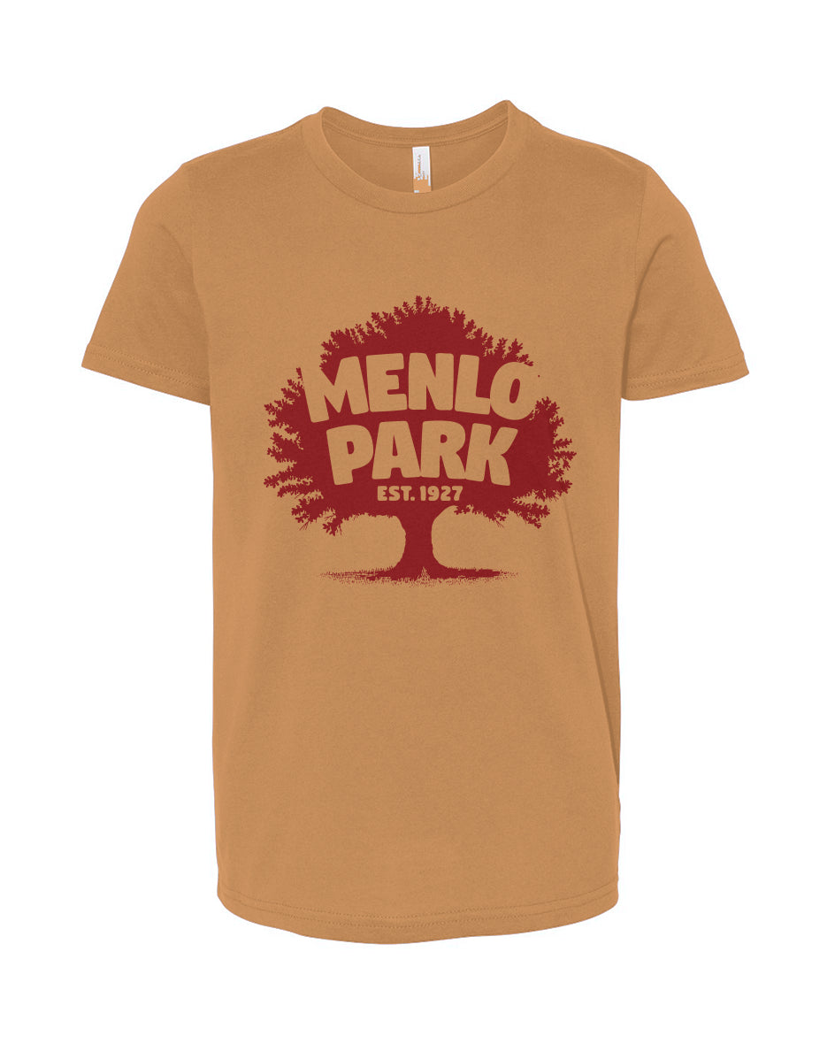 Brown t-shirt with red graphic and 'Menlo Park' text on a white background