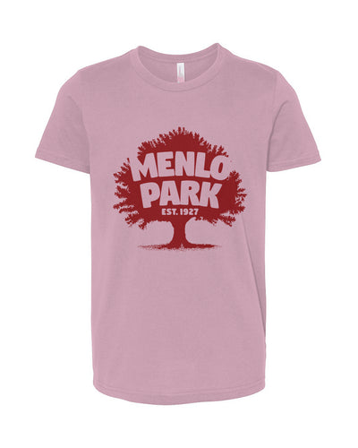Pink t-shirt with red 'Menlo Park' graphic on a white background