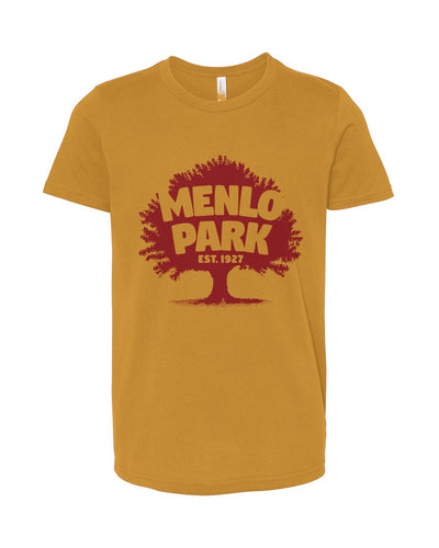 Yellow t-shirt with red graphic and 'Menlo Park' text on a white background
