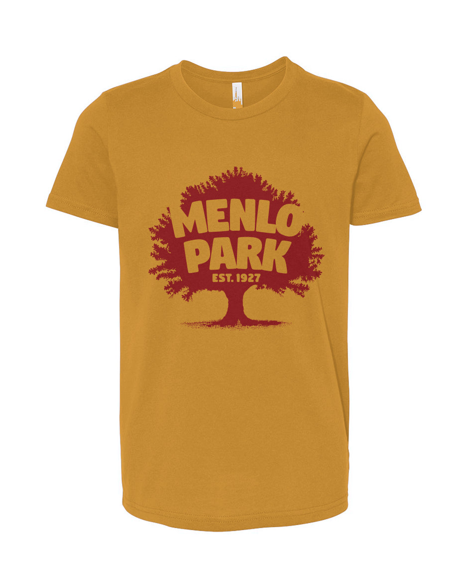 Yellow t-shirt with red graphic and 'Menlo Park' text on a white background