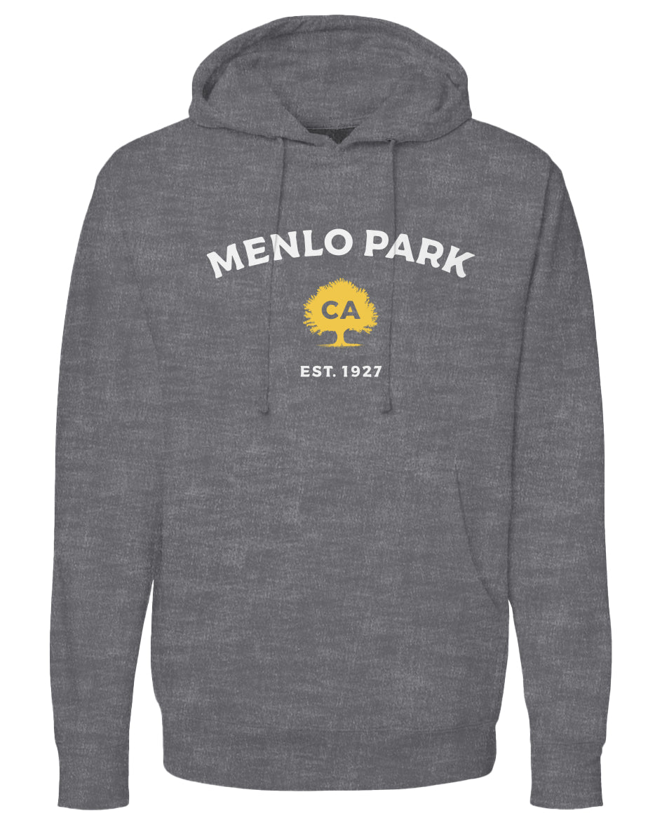 Gray hoodie with 'Menlo Park, CA Est. 1927' text and logo on a white background