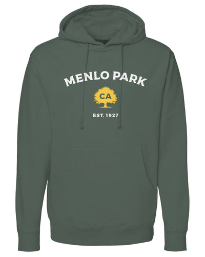 Green hoodie with 'Menlo Park, CA Est. 1927' text on a white background