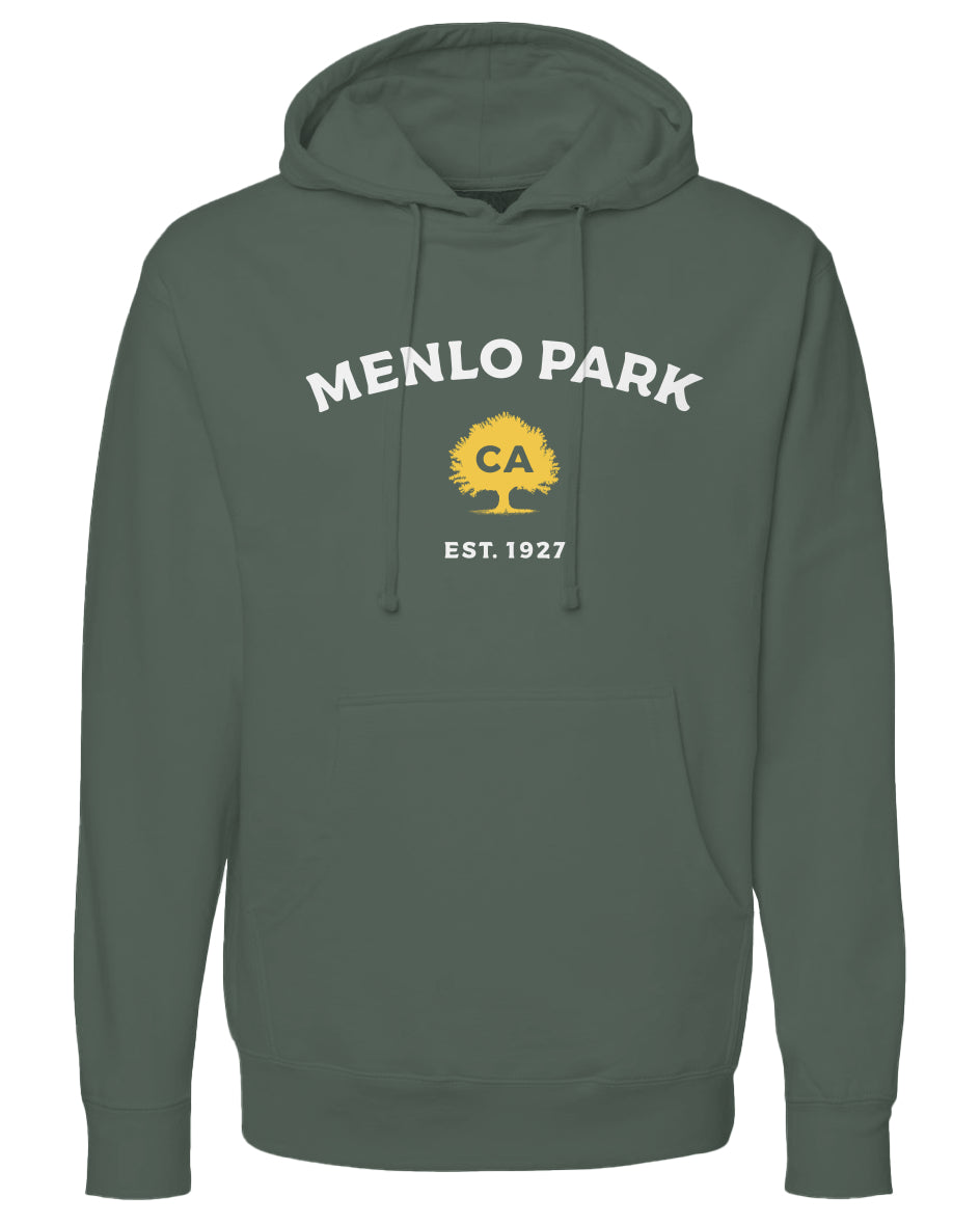 Green hoodie with 'Menlo Park, CA Est. 1927' text on a white background