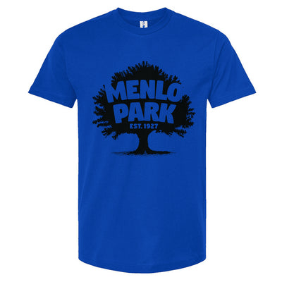 Royal blue t-shirt with 'Menlo Park' graphic on a white background