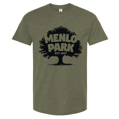 Green t-shirt with 'Menlo Park Est. 1857' design on a white background