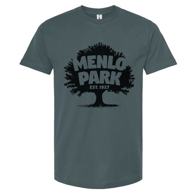 Gray t-shirt with 'Menlo Park Est. 1857' graphic on a white background