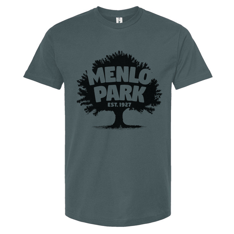 Gray t-shirt with 'Menlo Park Est. 1857' graphic on a white background