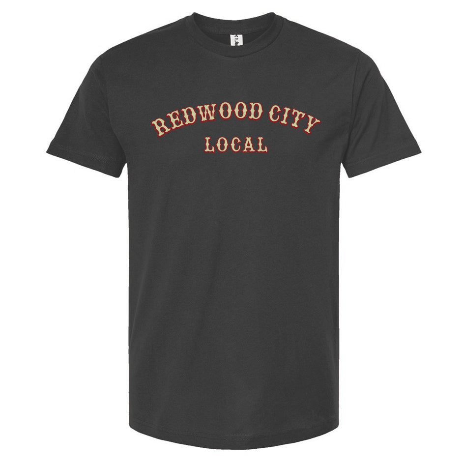 Dark gray t-shirt with 'Redwood City Local' text in cream and red on a white background