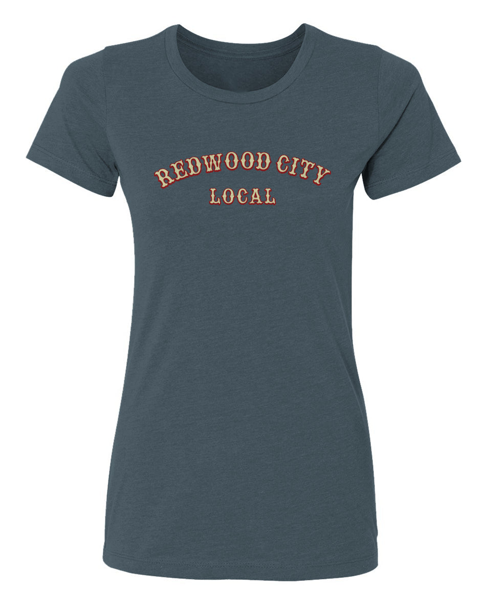 Blue t-shirt with 'Redwood City Local' text on a white background