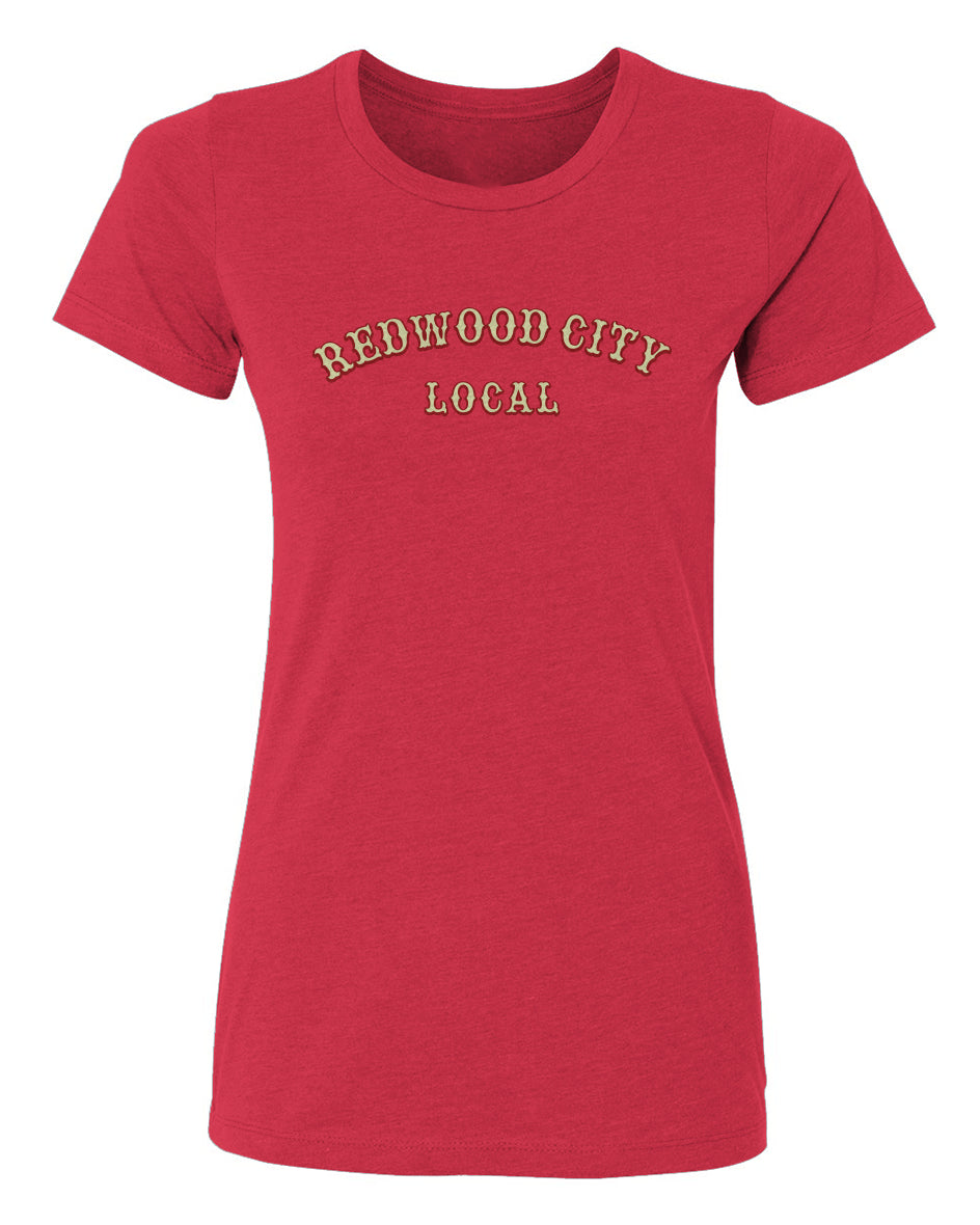 Red t-shirt with 'Redwood City Local' text on a white background