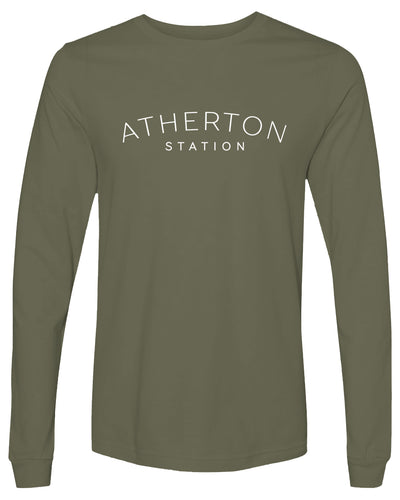 Green long-sleeve shirt with 'Atherton Station' text on a white background