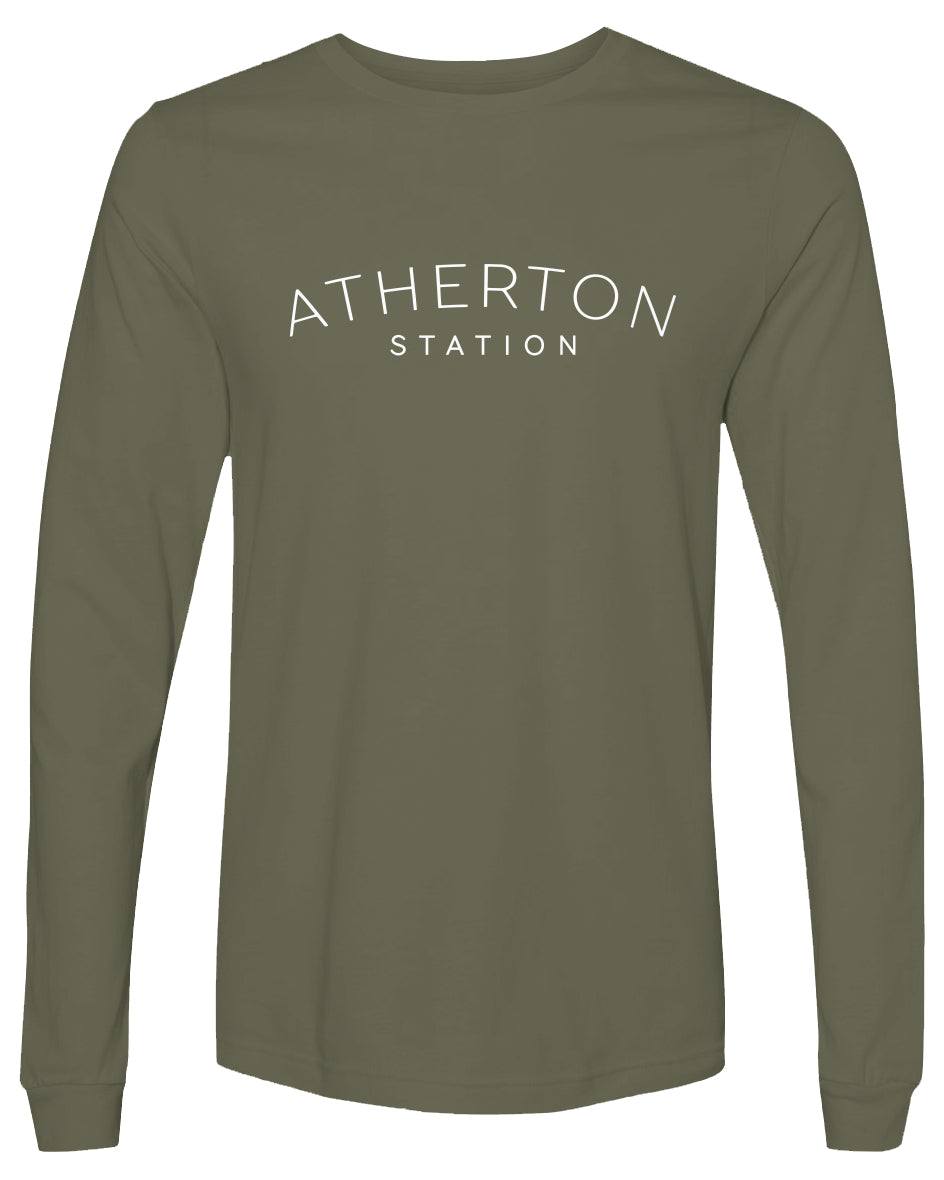 Green long-sleeve shirt with 'Atherton Station' text on a white background
