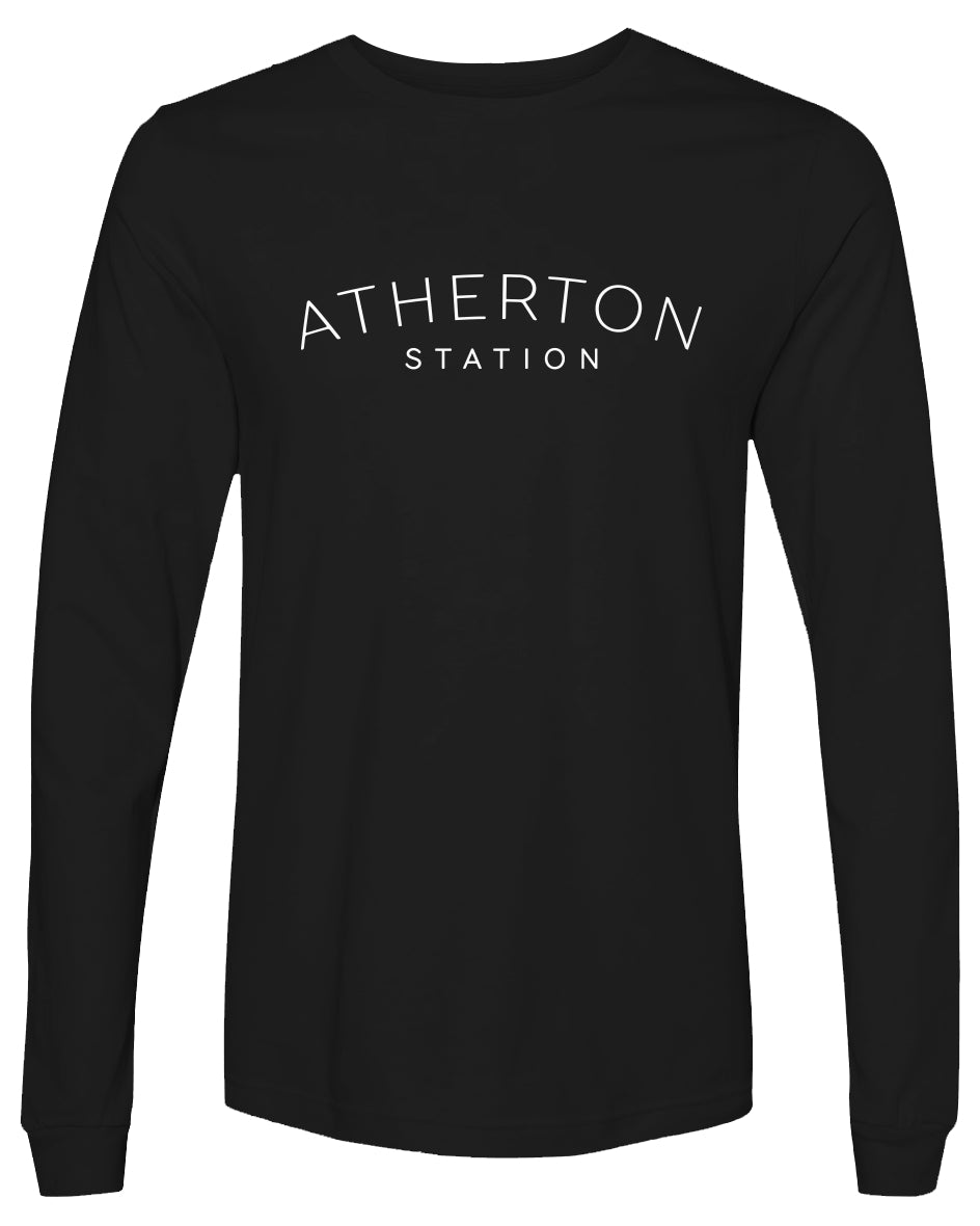 Black long-sleeve shirt with 'Atherton Station' text on a white background