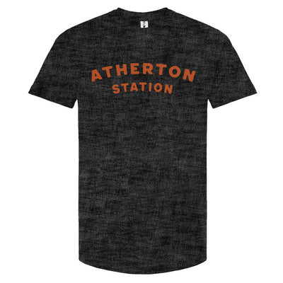 Charcoal heather t-shirt with orange 'Atherton Station' text across the chest