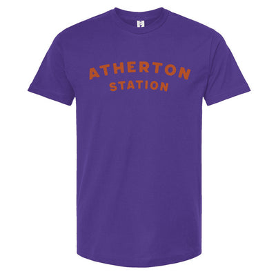 Purple t-shirt with orange 'Atherton Station' text across the chest