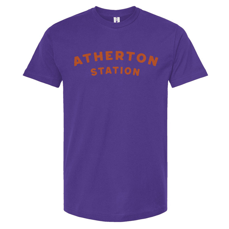 Purple t-shirt with orange 'Atherton Station' text across the chest